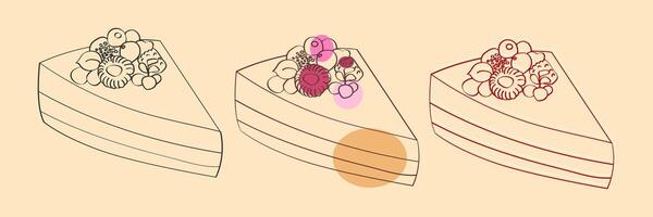 Three line drawings of a slice of cake with fruit. The cake is layered and the fruit is in the shape of a circle. vector