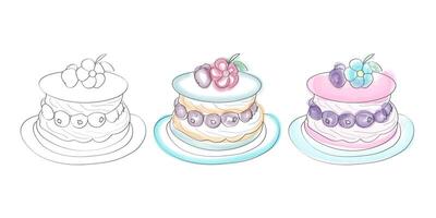 un digital ilustración de Tres pasteles, uno en negro y blanco y dos con como acuarela color, decorado con arándanos y flores vector
