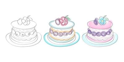 A digital illustration of three cakes, one in black and white and two with watercolor-like color, decorated with blueberries and flowers. vector