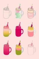 A set of nine colorful mason jar smoothies with different fruit toppings, perfect for a refreshing summer drink. vector