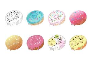 An illustration of eight different donuts, each with a unique glaze and sprinkles. The donuts are drawn in a cartoon style with bold colors and dripping icing vector