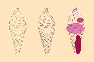 This image depicts a simple line drawing of three ice cream cones. The cones are drawn in black and white, with the addition of pink and purple colors to the rightmost cone vector