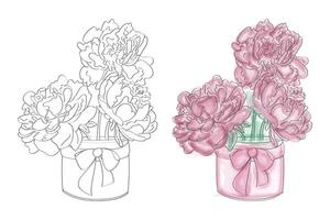 A hand-drawn illustration of a bouquet of pink peonies in a vase with a pink bow. vector