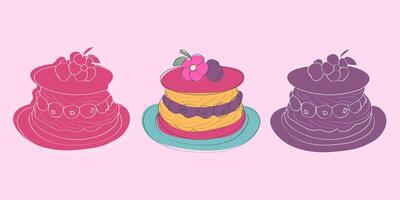 A colorful illustration of three layered cakes, each topped with various fruit, including berries and a flower. vector