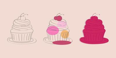 Three hand-drawn illustrations of cupcakes with a cherry on top. The first cupcake is a simple outline, the second is filled with pink and orange accents, and the third is a solid pink. vector