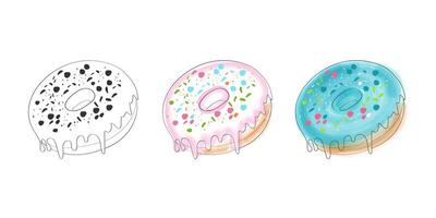 An illustration of three donuts, each with a different colored glaze and sprinkles. The donuts are set against a white background and the glaze is dripping down the sides. vector