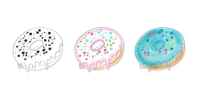 An illustration of three donuts, each with a different colored glaze and sprinkles. The donuts are set against a white background and the glaze is dripping down the sides.
