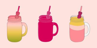 A digital illustration of three mason jars filled with colorful smoothies and topped with raspberries and straws. vector