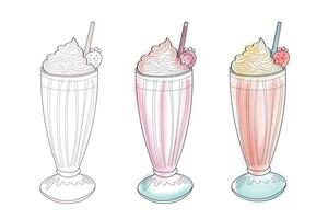 An illustration of three milkshakes, each with whipped cream and a strawberry on top. One milkshake is outlined, one is pink, and the other is peach. vector