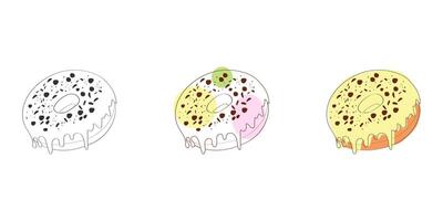 An illustration of three donuts, with one in black and white, another with a yellow, green, and pink glaze, and the last with a yellow glaze and an orange base vector