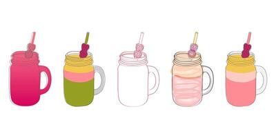 A set of five mason jars filled with colorful smoothies, all topped with a straw and a few raspberries. vector