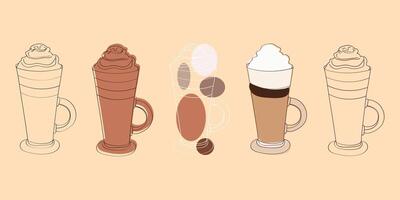 This image shows a line art illustration of four different iced coffee drinks with whipped cream on top. The drinks are all in tall glasses with handles and are depicted in a simple, minimalist style vector