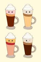 un digital ilustración de cuatro alto café bebidas con azotado crema en cima. el bebidas tener linda dibujos animados caras y son varios colores, incluso marrón, rosa, naranja, y amarillo. vector