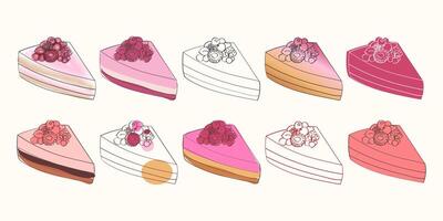 A digital illustration featuring ten colorful slices of cake, each topped with a variety of berries. vector