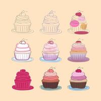 A digital illustration featuring nine cupcakes with cherries on top. Each cupcake is in a different stage of completion, from a simple outline to fully colored vector