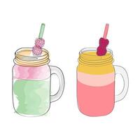 A digital illustration of two mason jars filled with smoothies, each topped with a raspberry and a straw. vector