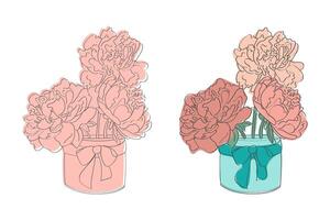 A digital illustration of two bouquets of pink peonies in vases. One vase is pink with a pink bow, the other is blue with a teal bow. vector