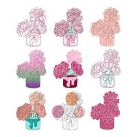 A digital illustration of nine colorful peony bouquets, each arranged in a unique vase. The peonies are drawn in varying shades of pink, red, and peach. vector