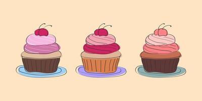 This illustration depicts three cherry cupcakes on plates, each with a different frosting color. They are drawn in a simple cartoon style and have a slightly whimsical feel. vector