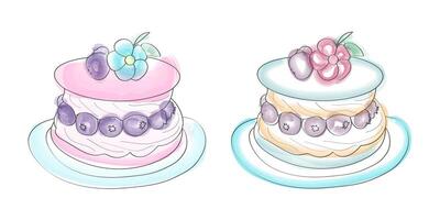 Two watercolor sketches of blueberry cakes with cream frosting and flowers on top, served on plates. vector