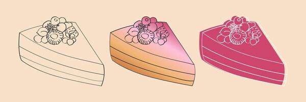 Simple and sweet pink cake with raspberry topping, black and white outline, light colors, and with a pink background. vector