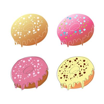 A digital illustration of four glazed donuts with sprinkles. The donuts are various colors and have different toppings.