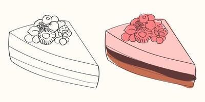 A line drawing and colored version of a slice of cake with berries on top. vector