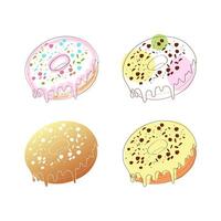 A digital illustration showcasing four glazed doughnuts with various toppings. Each donut is presented individually against a white background. The donuts have a variety of toppings vector