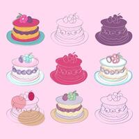 A set of nine colorful cakes, each with three layers and decorated with fruit and flowers. vector
