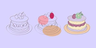 A simple line drawing illustration featuring three cakes with different fruit toppings. Each cake is on a plate and has a distinctive design. vector