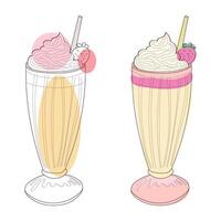 un línea dibujo ilustración de dos batidos, cada con un fresa en parte superior y azotado crema. vector