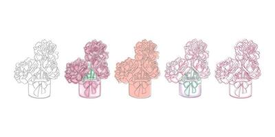 Five illustrations depicting a set of pink flowers arranged in vases with ribbons. vector
