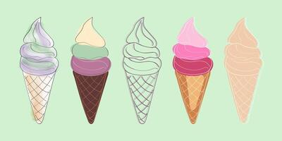 This image depicts five different ice cream cones in various flavors. The cones are drawn in a simple, cartoonish style and are set against a soft green background. vector