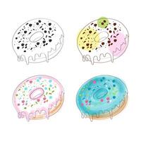 Four colorful donuts with various sprinkles and drizzled frosting. vector