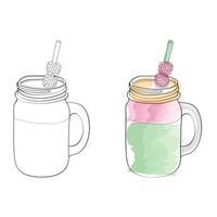 A simple illustration depicting a mason jar smoothie with a straw and raspberries on top. The image is presented in both line art and watercolor styles. vector