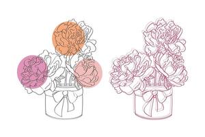 A line art illustration of two bouquets of peonies in vases with bows. One bouquet is in black and white with pink and orange circles behind it. The other bouquet is in pink vector