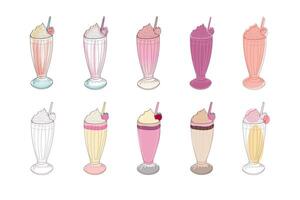 A collection of ten hand-drawn milkshake illustrations, featuring various colors and toppings. vector