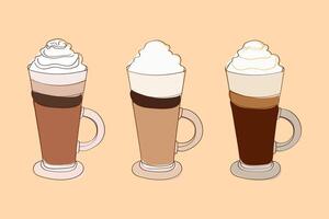 esta ilustración muestra Tres café bebidas con azotado crema en cima. el bebidas son en alto lentes con manejas y son conjunto en contra un pálido naranja antecedentes vector