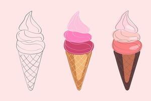 This image features a line art illustration of three ice cream cones. The cones are shown in different stages of completion, with one cone outlined in black, one partially colored, and one fully color vector