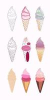 un conjunto de nueve dibujado a mano hielo crema conos en varios colores y sabores, incluso vainilla, chocolate, fresa, y menta vector