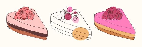 An illustration of three slices of raspberry cake, each with a different design. vector