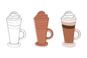 This line art illustration depicts three different iced coffee beverages. The drinks are in tall glasses with handles and topped with whipped cream vector
