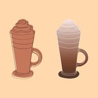 This illustration depicts two tall glasses of iced coffee with whipped cream on top. The glasses are drawn in an outline style with a gradient effect on the liquid. vector
