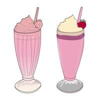 un digital ilustración de dos fresa batidos con azotado crema y un paja, conjunto en contra un blanco antecedentes. vector