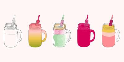 A digital illustration of five mason jars filled with colorful smoothies, each topped with a straw and a few berries. vector