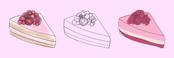 A digital illustration of a pink cake slice with a raspberry topping, in three variations - full color, line art, and a darker color variation. vector