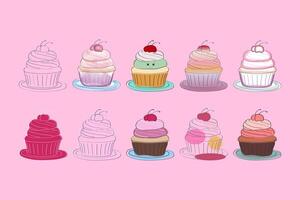 A digital illustration of ten colorful cupcakes with cherries on top. Each cupcake is unique, with different frosting colors and patterns. vector