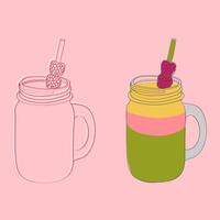 A digital illustration of two mason jar smoothies, one with a single raspberry and one with two raspberries. Both smoothies have straws and are on a pink background. vector