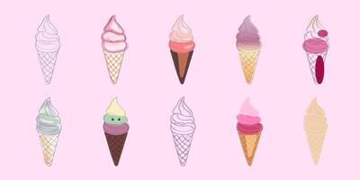 esta imagen caracteristicas diez vistoso hielo crema conos arreglado en un rosado antecedentes en Tres filas el conos tener diferente sabores, incluso vainilla, chocolate, fresa, y menta vector