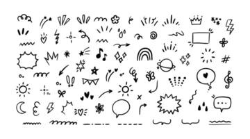 Hand drawn line elements. Doodle pen signs and effects. Simple sketch sparkle, star, glitter, icons, heart, floral objects. Decorative pencil curved symbols and shape. set vector